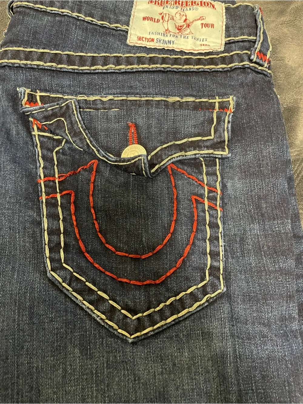True Religion Women's Dark Indigo Skinny Jeans with Red Stitching